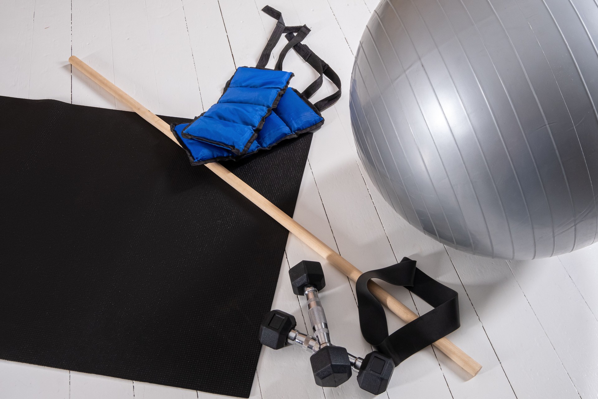 Training equipment - fitball, fitness weights, dumbbells, rubber band, yoga mat and gym stick